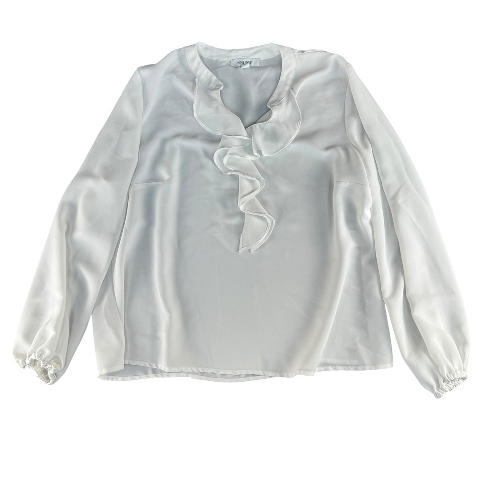 Nine West Womens XL White Ruffle Front Long Sleeve V-Neck‎ Blouse Top